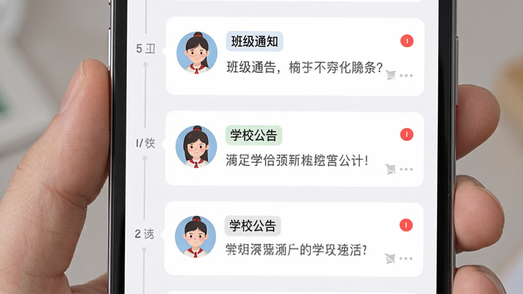 主体为手机消息列表界面,布局为纵向时间轴排列的通知卡片,排版左侧头像右侧文字,风格为浅色系教育应用界面,细节包含“班级通知”“学校公告”标签与红色未读圆点,画质清晰干净,无多余元素