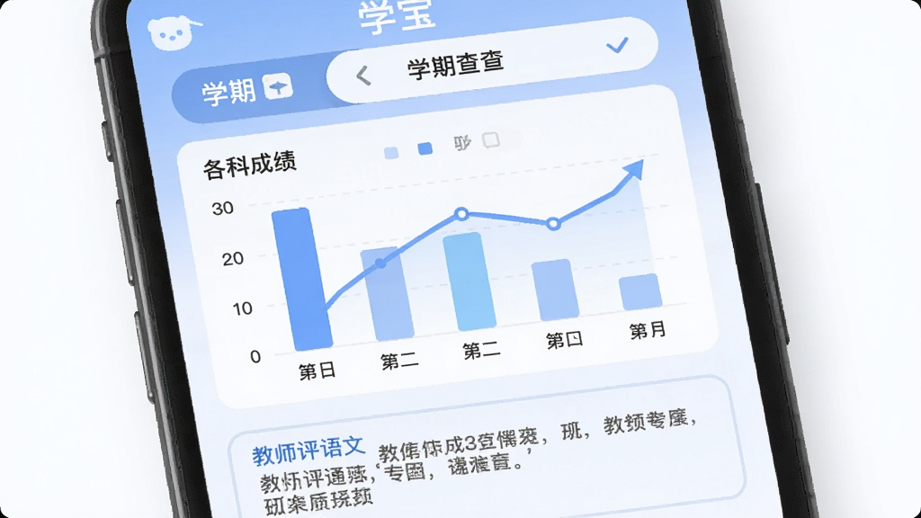 主体为手机成绩查询页面,布局上方为学期选择栏、中部为各科成绩条形图、下方为教师评语文本框,排版层次分明,风格为柔和蓝白配色教育界面,细节包含“学宝”字样与成绩趋势折线,画质高清干净,无多余元素