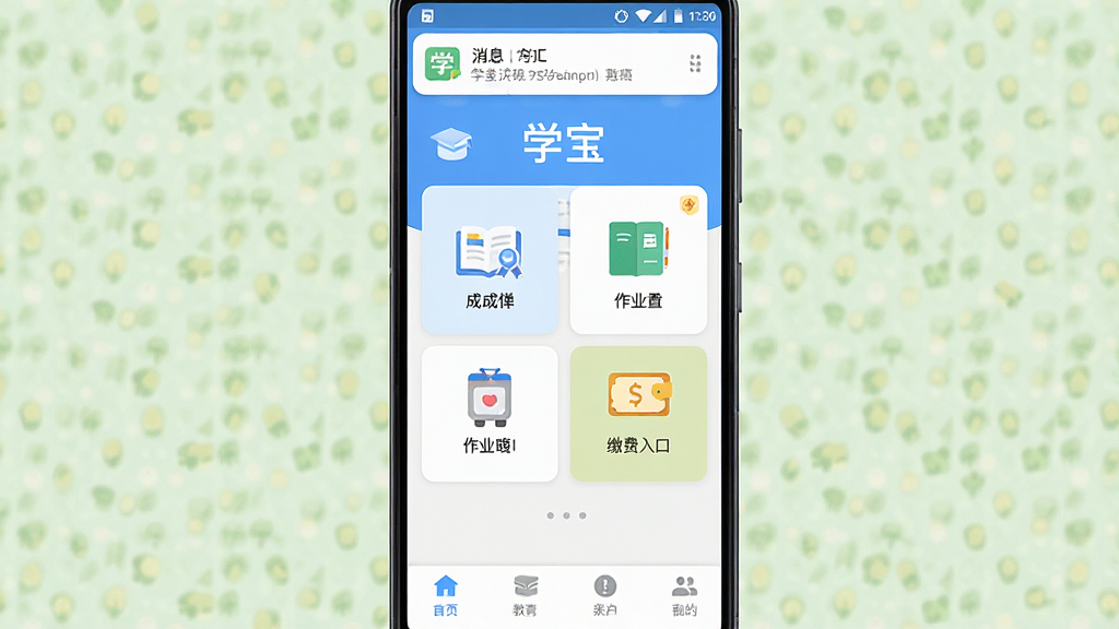 主体为一部竖屏安卓手机,屏幕中央展示“学宝”应用主界面,布局为顶部消息通知栏、中部功能卡片区、底部导航栏,排版整齐清晰,风格为清爽扁平化教育类UI设计,细节包含成绩单图标、作业本图标与缴费入口,画质高清干净,无多余装饰元素