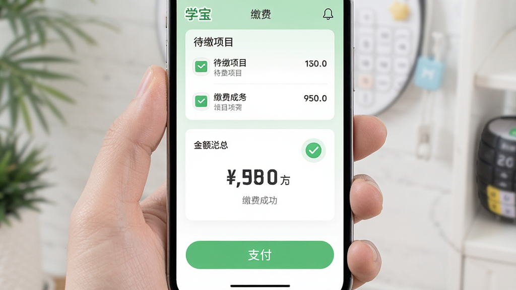 主体为手机缴费页面,布局上方为待缴项目列表、中部为金额汇总卡片、下方为支付按钮,排版简洁明了,风格为清爽浅绿配色生活服务界面,细节包含“学宝”标识与缴费成功对勾图标,画质高清干净,无多余元素
