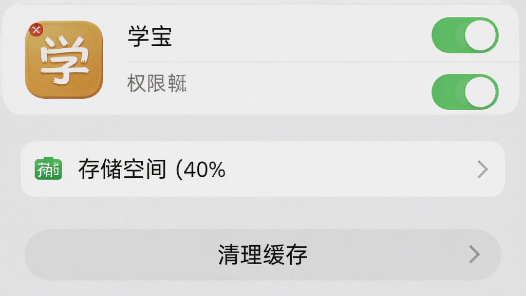 主体为手机安全设置界面,布局上方为权限开关列表、中部为存储空间提示条、下方为清理缓存按钮,排版清晰规整,风格为浅灰质感系统设置界面,细节包含“学宝”应用图标与权限开关状态,画质高清干净,无多余元素