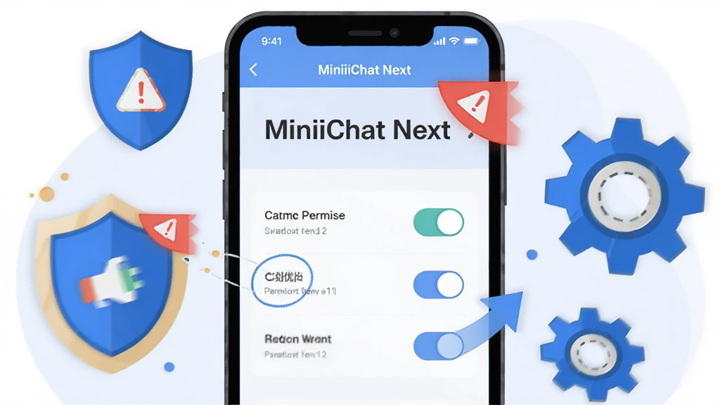 ����Ϊһ���ֻ���Ļ��ʾ��MiniiChat Next������ҳ����Ȩ�޿��أ�����Ϊ�ֻ����С���Χ���ƶ��������ͼ�꣬�Ű�ͻ���ܿ��밲ȫ�������⣬���Ϊ��ƽ��ʾ�廭�磬ϸ�ڰ�����ɫ��ʾС�ꡢ��ɫ�Ż���ͷ��ǳɫ���������������ɾ����޶���Ԫ��