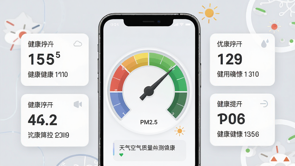 一张展示和风天气空气质量监测页面的图片,手机屏幕中央显示一个圆形彩色仪表盘,指针指向代表优良的绿色区域,周围环绕着PM2.5等具体数值卡片,背景为柔和的浅灰色,风格专业且富有科技感,细节包含清晰的数据标签和健康提示文字,画质高清,干净无多余元素