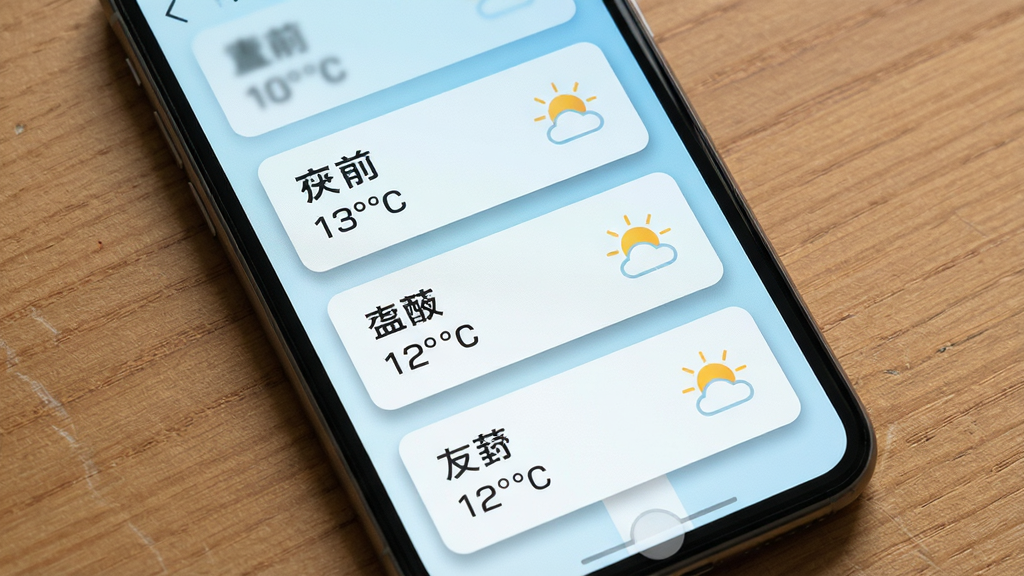一张展示和风天气多城市管理界面的图片,手机屏幕内呈现列表式布局,每个城市卡片显示城市名、当前温度及天气小图标,背景为淡蓝色渐变,风格清爽简洁,细节包含卡片阴影与滑动切换的视觉暗示,画质高清,干净无多余元素