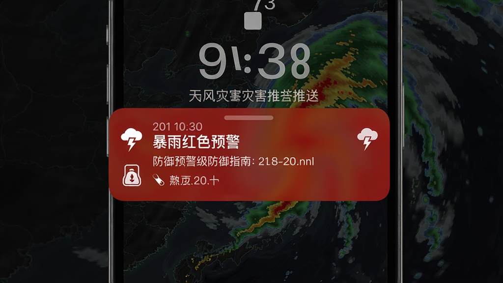 一张展示和风天气灾害预警推送功能的图片,画面为手机锁屏界面弹出红色警告通知横幅,横幅上写有“暴雨红色预警”字样及防御指南图标,背景为暗色调的天气雷达图,风格严肃且醒目,细节包含通知时间与具体预警等级,画质高清,干净无多余元素