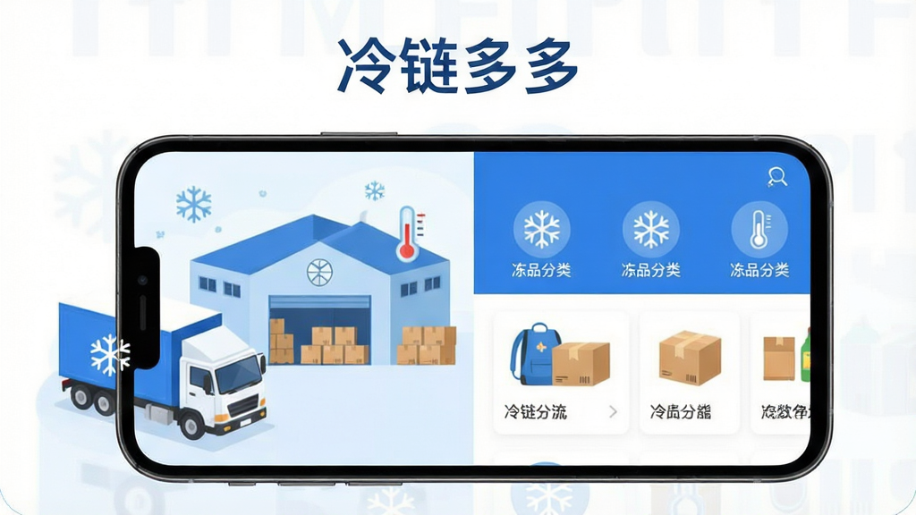 画面主体为一部智能手机居中放置,屏幕内展示冷链多多应用首页界面,包含冻品分类图标与商品列表;布局采用左右分栏,左侧为冷链物流货车与冷库场景插画,右侧为手机界面特写;排版上标题文字“冷链多多”置于画面顶部居中;风格为现代扁平化商务插画,蓝白主色调;细节包含雪花图标、温度计符号与纸箱货品元素;画质清晰,干净,无多余元素