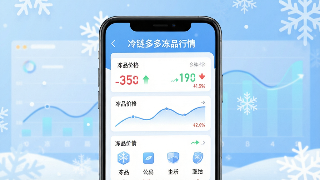 画面主体为冷链多多应用内的冻品行情列表页面,手机屏幕显示各类冻品价格标签与涨跌箭头;布局为手机居中,背景搭配冷色调数据图表与雪花纹理;排版上顶部放置“冷链多多冻品行情”文字;风格为清爽数据可视化插画,浅蓝与白色搭配;细节包含价格标签、趋势曲线与分类图标;画质干净清晰,无多余元素