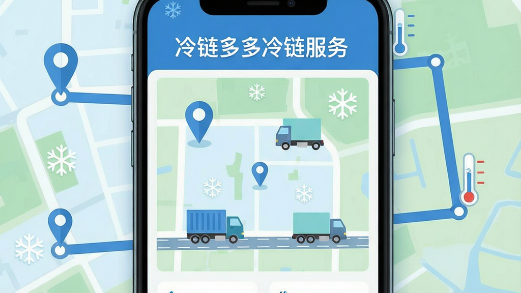 画面主体为冷链多多冷链服务查询页面,手机屏幕显示冷库位置地图与运输车辆图标;布局为手机居中,背景辅以地图路线与温度标识;排版上顶部放置“冷链多多冷链服务”文字;风格为扁平化地图插画,冷蓝与浅绿配色;细节包含定位图钉、货车图形与雪花符号;画质清晰,干净,无多余元素