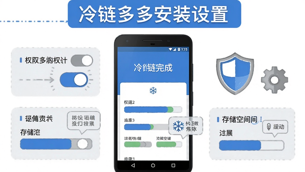 画面主体为一部安卓手机屏幕展示冷链多多安装完成后的首页,旁边放置盾牌图标与齿轮设置图标;布局为手机居中,左右两侧分别排列权限开关与存储空间示意图形;排版上顶部放置“冷链多多安装设置”文字;风格为简洁教程插画,蓝白灰配色;细节包含权限开关按钮、存储条与提示气泡;画质清晰干净,无多余元素