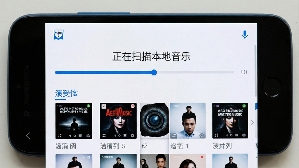 一部安卓手机屏幕特写,显示 MetroMusic 的曲库扫描进度界面,画面中有「正在扫描本地音乐」字样、进度条以及按专辑分组的缩略图网格,界面配色为白底蓝点缀,风格清爽简洁,构图居中,画质清晰干净