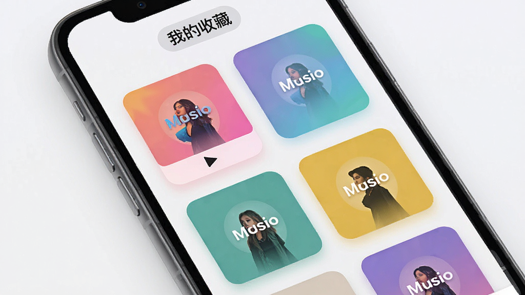 一张 MetroMusic 播放列表管理界面的手机截图风格效果图,画面展示多个彩色封面的播放列表卡片纵向排列,顶部有「我的收藏」标签,界面采用柔和圆角卡片设计,背景为浅灰白色,风格清新素雅,细节丰富,画质干净