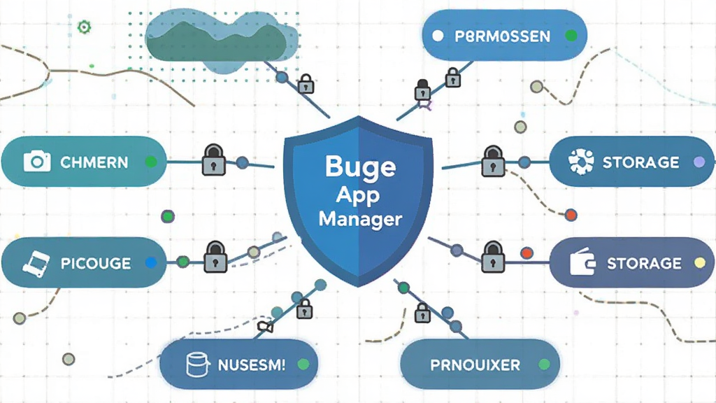一张信息图风格的画面,中心为Buge App Manager的盾牌形图标,四周延伸出多条连线连接不同权限标签,如相机、位置、存储等,标签以圆角矩形呈现,背景为浅色网格,风格为扁平信息图,细节包含连线上的小锁图标与状态圆点,画质清晰干净,排版疏朗