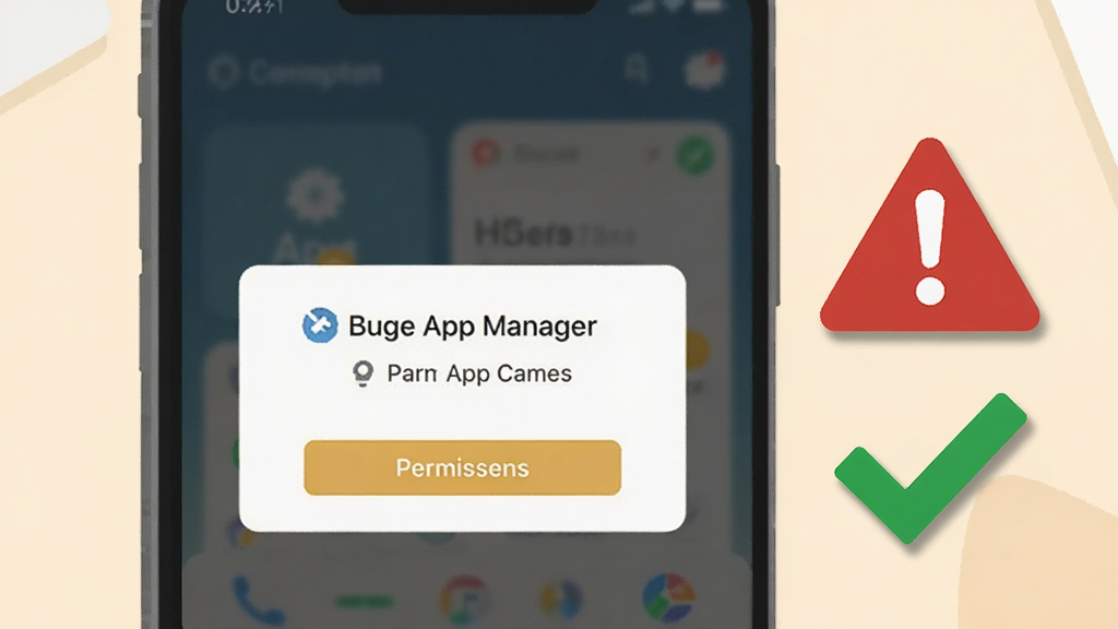 一部手机屏幕显示Buge App Manager的权限授予弹窗界面,旁边放置一个红色警示三角图标与绿色对勾图标形成对比,背景为浅色桌面,风格为扁平化提示插画,布局左右分栏,细节包含弹窗按钮的高亮与图标阴影,画质干净清晰,无多余元素