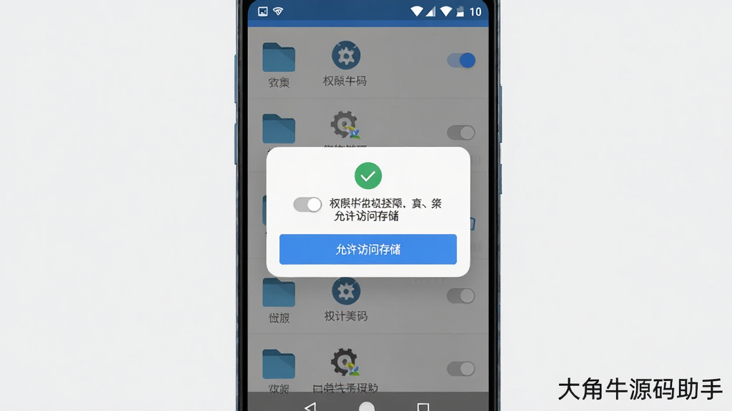 主体是一部安卓手机,屏幕显示权限授权弹窗与文件列表界面,弹窗中有“允许访问存储”按钮,界面角落标注“大角牛源码助手”,布局为手机正面居中,背景为浅灰色简洁背景,风格为教程示意图,细节包括权限开关、文件图标、提示文字,画质清晰干净,无多余元素