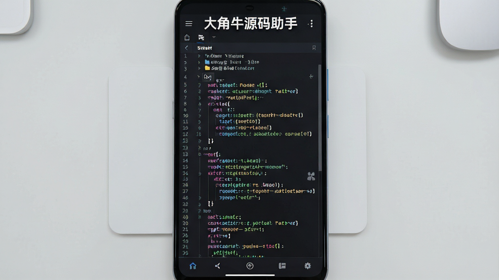 主体是一部竖屏安卓手机,屏幕中央显示深色代码编辑器界面,代码行带彩色语法高亮,界面顶部有“大角牛源码助手”文字标识,布局为手机正面居中展示,背景为浅灰色简洁桌面,风格为扁平化科技感UI展示,细节包括代码行号、文件目录侧栏、底部操作按钮,画质清晰干净,无多余元素
