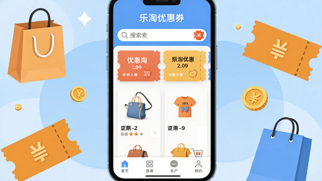 手机屏幕中央展示“乐淘优惠券”应用主界面,顶部搜索框,中部优惠券卡片与商品列表,底部导航栏四个图标,背景为浅蓝渐变,周围有购物袋、优惠券、金币元素环绕,扁平插画风格,细节清晰,画质干净,无多余元素