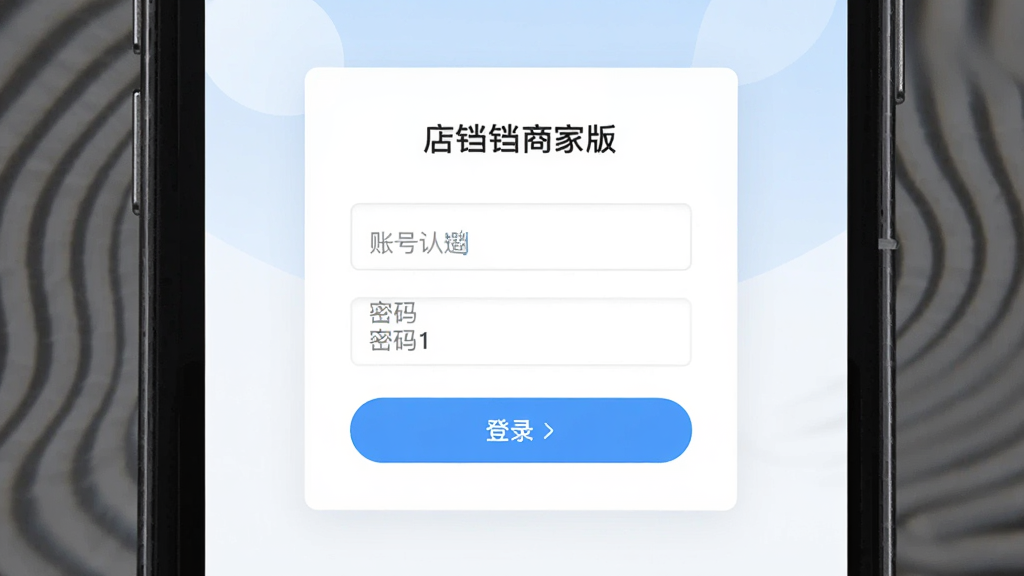 画面主体是手机屏幕展示店铛铛商家版安装完成后的登录界面,布局为居中卡片式登录框,背景是简洁的浅色渐变,风格为清爽的移动应用界面展示,细节包含账号输入框、密码框与登录按钮,画质高清干净无多余元素