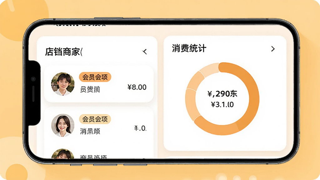 画面主体是店铛铛商家版会员管理页面在手机屏幕上的展示,布局为左侧会员头像列表、右侧消费统计环形图,排版采用卡片式分层,风格为温暖明亮的扁平化设计,细节包含会员等级标签与消费金额数字,画质高清干净无多余元素