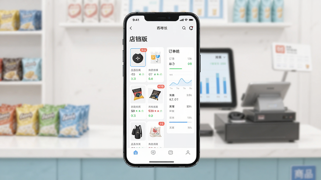 画面主体是一部智能手机,屏幕中显示店铛铛商家版的店铺管理首页界面,左侧是商品列表卡片,右侧是订单统计图表,背景为整洁的实体店铺收银台场景,布局采用居中构图突出手机屏幕内容,排版清晰留白充足,风格为现代扁平化插画,细节包含商品缩略图、数字角标与简约图标,画质高清干净无多余元素
