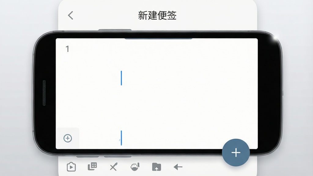 一部安卓手机特写,屏幕显示便签编辑界面,中央是大面积空白输入区域,顶部有“新建便签”字样,右下角悬浮圆形加号按钮,画面采用浅灰渐变背景,布局以手机为主体居中,风格为清爽扁平化设计,细节包含输入光标、简洁工具栏、柔和圆角,画质高清,干净无杂乱元素