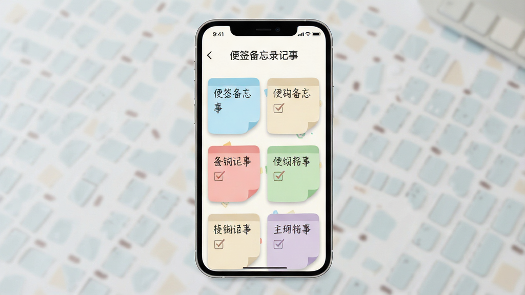 一张手机屏幕展示简洁便签列表的界面图,画面中央是浅色背景的记事本应用主界面,顶部标题栏写着“便签备忘录记事”,下方整齐排列着彩色便签卡片,卡片上有手写风格的短文字与勾选框,布局为竖屏手机比例,排版干净留白充足,风格为扁平化现代UI设计,细节包含圆角卡片、柔和阴影、浅蓝与米白配色,画质清晰锐利,整体干净无多余元素