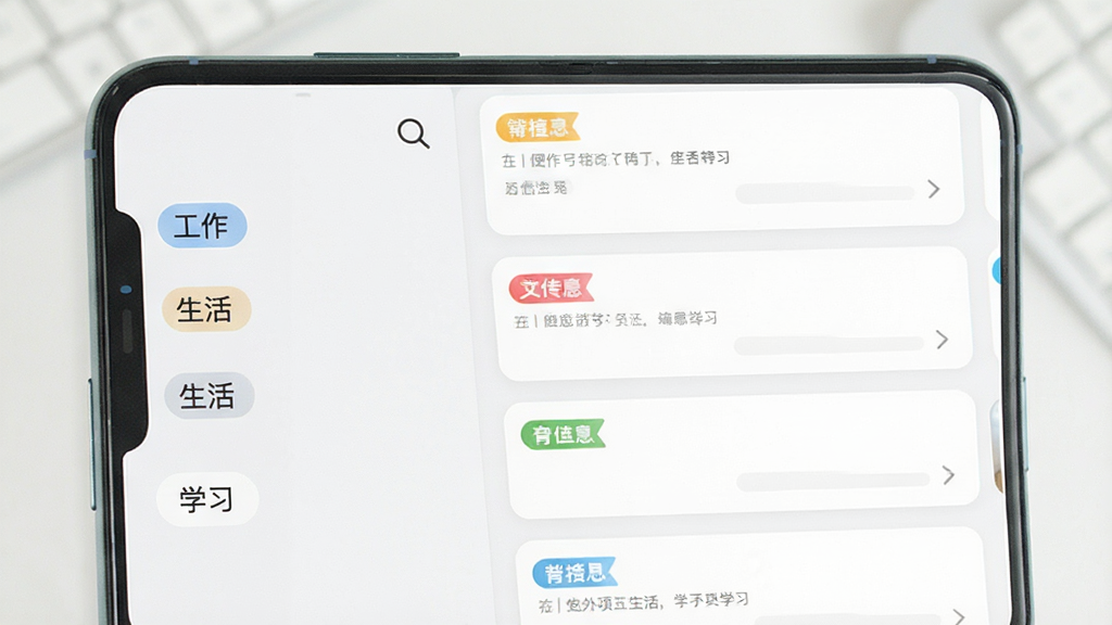 手机界面展示便签分类管理页面,画面左侧是分类标签栏,包含“工作”“生活”“学习”等标签,右侧是便签卡片列表,布局为左右分栏的手机竖屏排版,风格为清新浅色系UI设计,细节包含彩色标签、搜索放大镜图标、整洁的卡片间距,画质高清,整体干净有序