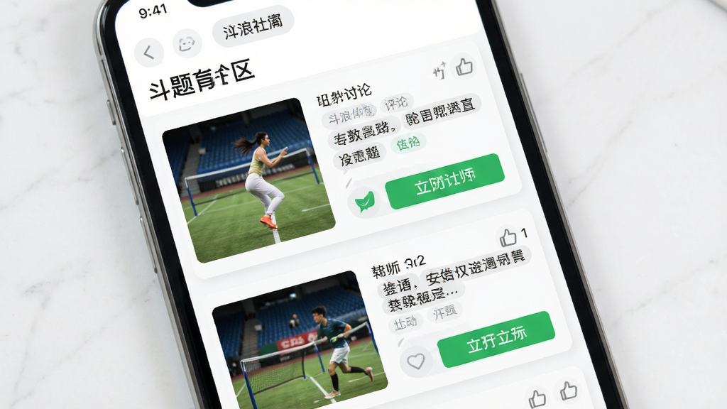 画面主体为斗浪体育社区互动界面,手机屏幕中展示话题讨论列表与资讯卡片混排;布局为上下滚动式信息流;排版左图右文;风格为社交资讯风,白色背景配浅灰卡片与绿色互动按钮;细节包含评论气泡、点赞图标与话题标签;画质高清,画面干净,无多余元素