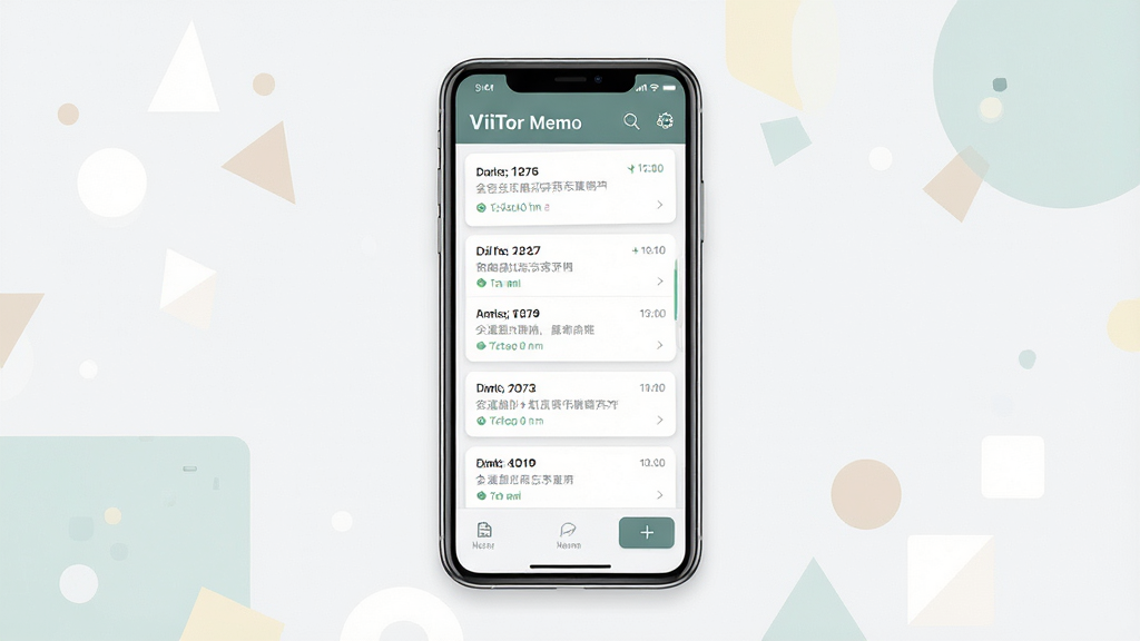 һ��չʾViiTor Memo�ֻ�Ӧ��������Ĳ�Ʒչʾͼ������������һ�����������ֻ�����Ļ�ڳ��ֱ���¼�б�ҳ�棬������������¼��Ŀ���½���ť���ֻ���Χ��ǳɫ����ͼ�ε�׺�����岼�־��жԳƣ����Ϊ�ִ���ƽ��UIչʾ�磬ϸ����ͻ��������ˬ�뿨Ƭʽ�Ű棬���������ɾ����޶���Ԫ��