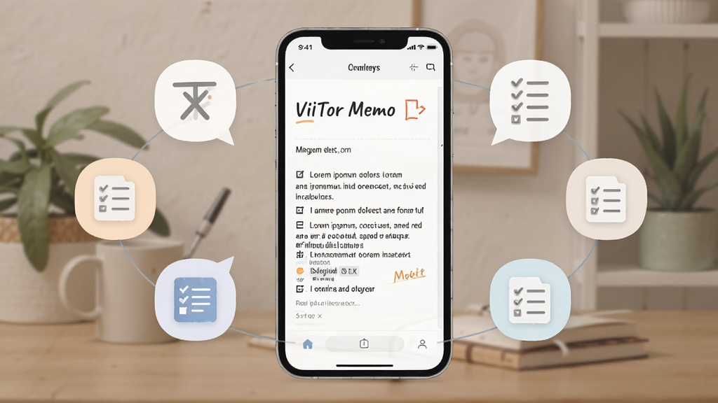 һ��չʾViiTor Memo���������ݼ�¼���ܵĳ���ͼ���������ֻ���Ļ�ڳ��ְ������������ĵı���¼����ҳ���Ա�������ͼ����ʽ�����ı����嵥�Ȳ�ͬ������̬������Ϊ�����ֻ��ӻ���ͼ�꣬���Ϊ��ͱ�ƽ�廭�磬ϸ����ͻ��������֯�������ԣ����������ɾ����޶���Ԫ��