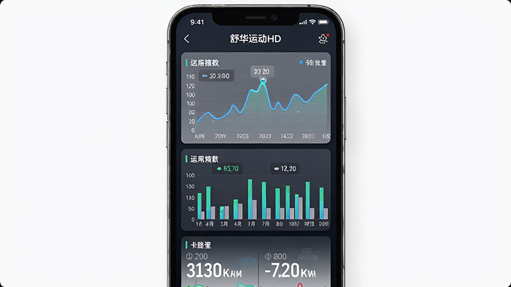 画面主体为手机屏幕上的运动数据图表页面;布局为竖向排列的多图表组合;排版规整;风格为现代UI设计展示图;细节包括折线图、柱状图、
