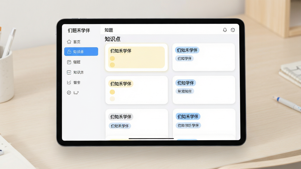 一张表现错题整理功能的界面示意图,画面主体为悬浮在浅色桌面上的平板设备,屏幕内展示错题卡片列表与知识点标签,卡片上标注“们知禾学伴”字样,布局为左侧导航栏、右侧错题列表,风格为简约教育工具风,细节包含淡黄色错题标记、蓝色知识点标签、白色卡片圆角,画质清晰干净,无多余元素
