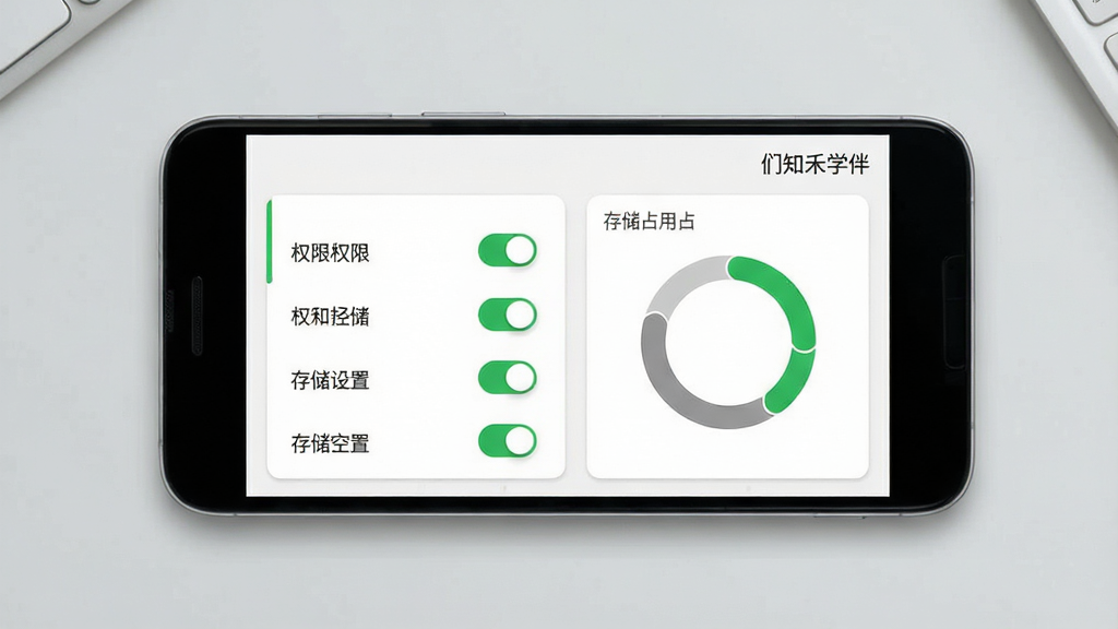 一张表现移动端安装与设置流程的示意图,画面主体为平铺在浅灰桌面上的安卓手机,屏幕显示权限设置与存储空间面板,面板角落标注“们知禾学伴”,布局为左侧权限开关列表、右侧存储占用环形图,风格为简洁工具类界面风,细节包含绿色允许开关、灰色存储条、白色背景卡片,画质清晰干净,无多余元素