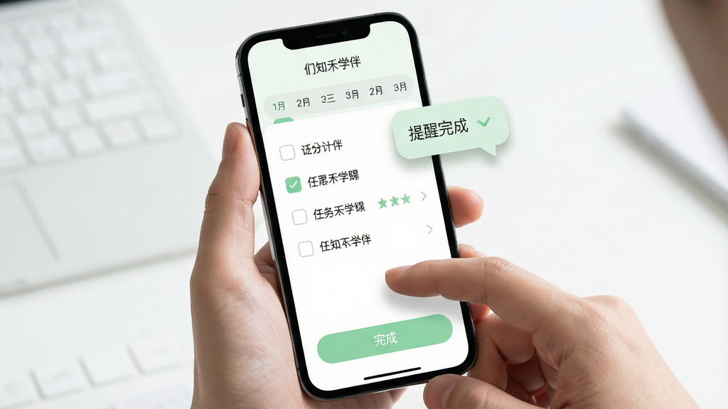 一张展示学习计划提醒功能的手机界面图,画面主体为手持手机的单手操作场景,屏幕内显示日历式计划面板与提醒气泡,面板顶部标注“们知禾学伴”,布局为上方日期条、中部任务清单、下方完成按钮,风格为清新浅色移动端设计,细节包含圆角勾选框、淡绿色完成状态、柔和阴影,画质清晰干净,无多余元素