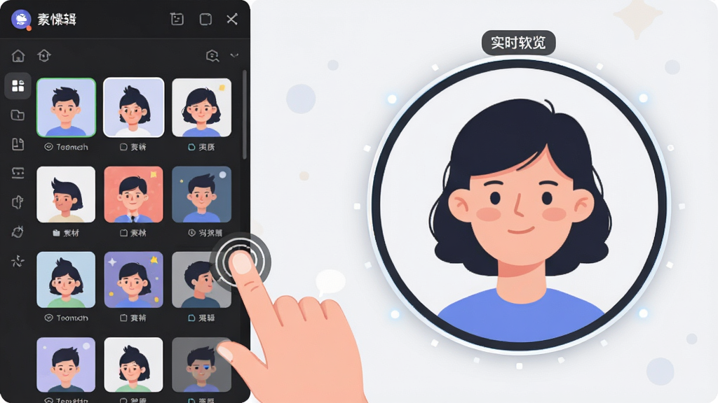 主体为头像星球软件编辑界面截图风格插画,画面左侧为素材选择面板,右侧为圆形头像实时预览区域,中间有手指点击操作示意,布局左右分栏,排版简洁,风格为现代扁平化UI设计风,细节上预览区域有高亮边框和