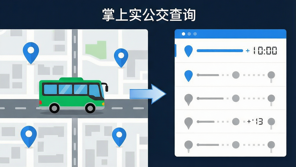 一张横向构图的应用功能展示图,画面左侧为城市地图与移动中的公交车图标,右侧为线路站点列表与到站时间数字,中间用箭头连接表示数据同步,排版为左图右表,风格为简洁扁平科技风,细节包含蓝色定位点、绿色车辆标记与灰色站点圆点,画质高清,画面干净无杂乱元素,图中文字标注“掌上实时公交查询”
