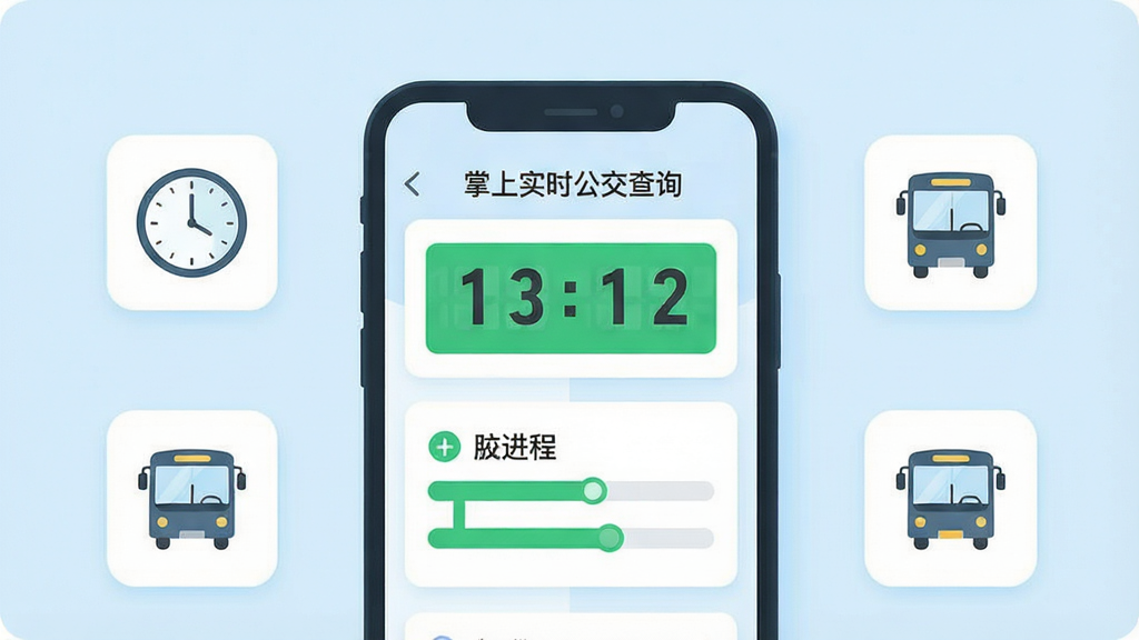 一张信息图表风格的功能说明图,画面主体为一块手机屏幕,屏幕上显示公交到站倒计时数字与线路进度条,屏幕周围分布时钟、站点、车辆三个小图标,布局为居中对称排版,风格为清新浅色扁平插画,细节包含浅蓝色背景、白色卡片与绿色高亮数字,画质清晰柔和,画面干净整洁,图中文字标注“掌上实时公交查询”