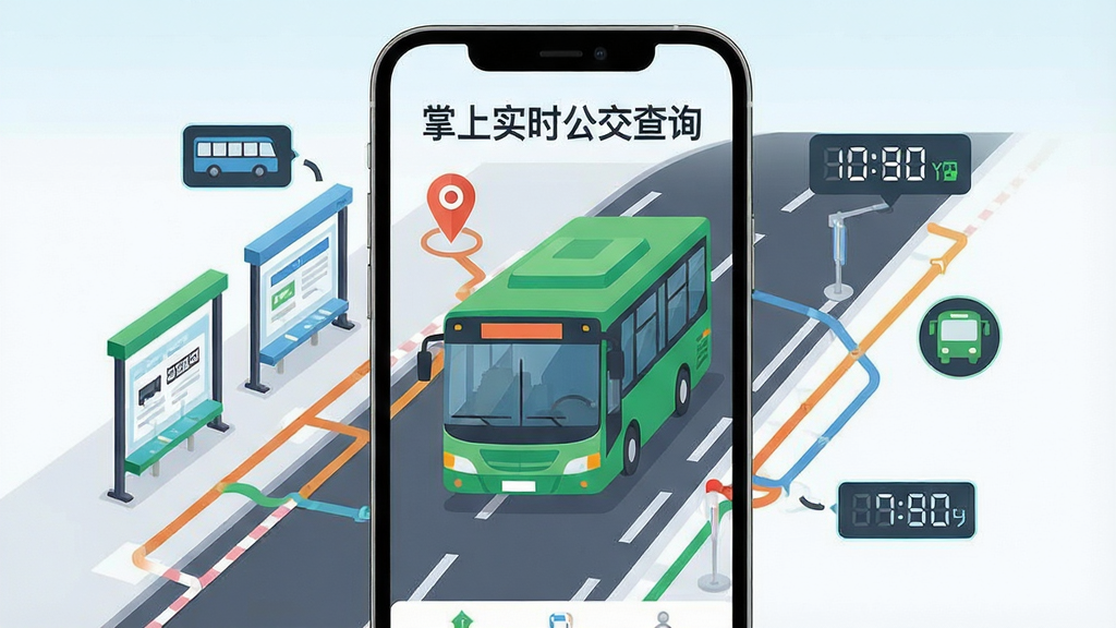 一张手机屏幕界面展示公交实时查询应用的主页面,画面中央是一辆绿色城市公交车行驶在道路上,周围环绕着若干公交站点图标与时间数字元素,整体布局为手机竖屏居中展示,风格为扁平化现代插画,细节包含路线线条、定位标记与到站倒计时数字,画质清晰干净,无多余元素,图中文字标注“掌上实时公交查询”