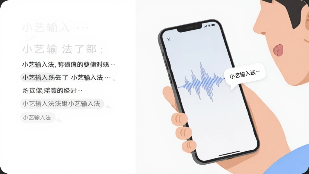 画面主体为一位用户对着手机说话,手机屏幕显示语音波形转化为文字气泡的动画效果,布局上人物手部与手机特写占据画面右侧,左侧留白处展示文字流,排版为左右分栏式构图,风格为简洁扁平化插画,细节上文字气泡带有