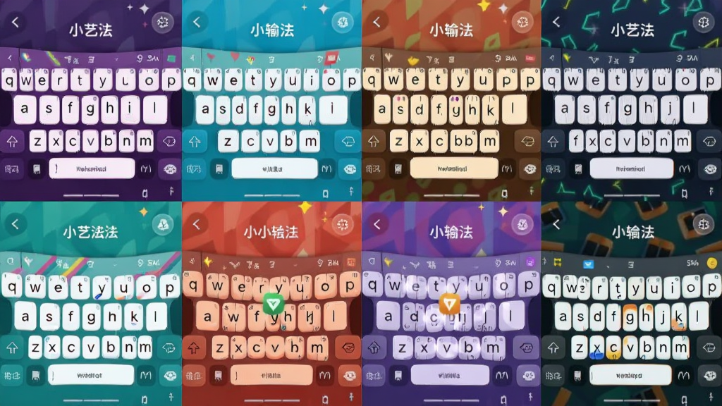 画面主体为多款不同风格的小艺输入法键盘皮肤并排展示,布局上采用网格状排列,排版为整齐的矩阵构图,风格为活泼多彩的UI展示,细节上每款皮肤带有不同的色彩主题与图案,画质清晰干净,无多余元素