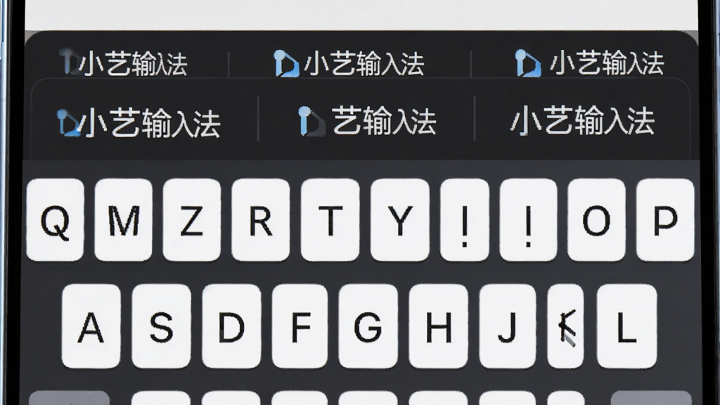 画面主体为手机键盘界面,候选词栏中显示多个联想词汇,布局上键盘占据画面下方,候选词栏位于键盘上方,排版为居中特写构图,风格为清爽科技风,细节上候选词带有