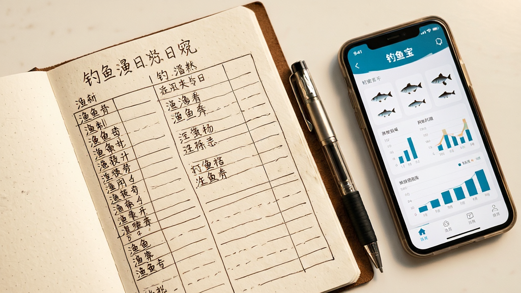 画面主体是一本打开的钓鱼日志本,纸面上有手写的渔获记录表格,旁边放着一支笔和一部手机,手机屏幕显示“钓鱼宝”渔获记录界面,界面上有鱼种图标和数据图表。布局为斜角俯拍构图,日志本占据画面主体,手机与笔作为辅助元素。排版上日志本与手机形成对角线呼应,风格为温暖手账风,细节表现纸张纹理与手写字迹,画质柔和干净,无多余元素。
