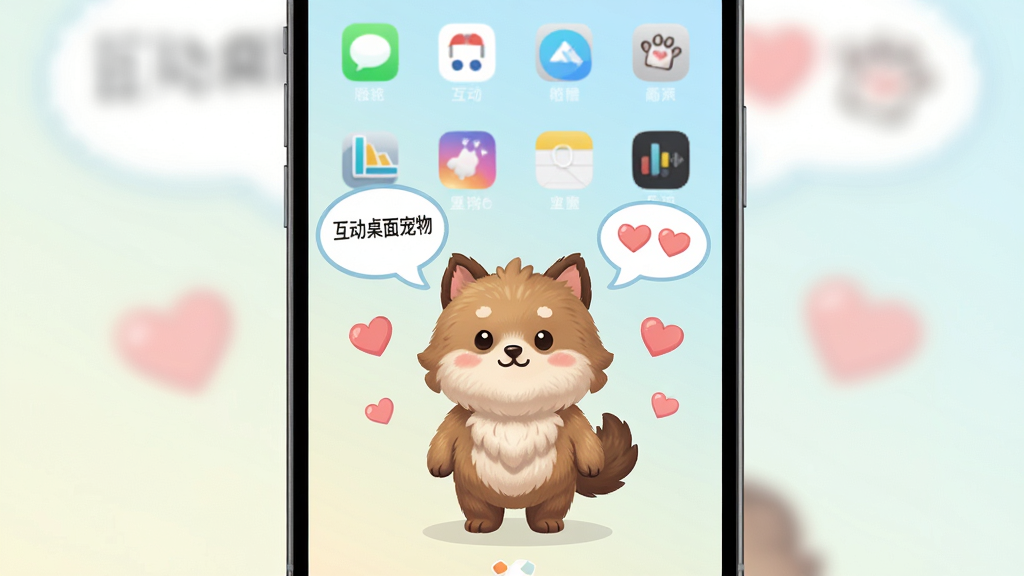一张展示手机桌面中央站立着一只可爱卡通宠物形象的画面,桌面背景为简洁浅色渐变,宠物周围环绕气泡对话框与爱心图标,主体位于画面正中偏下,布局为竖屏手机截图风格,排版突出宠物与桌面环境的融合感,风格为清新扁平化插画,细节包括宠物毛发质感、桌面图标整齐排列、气泡内写有“互动桌面宠物”字样,画质高清干净,无多余装饰元素