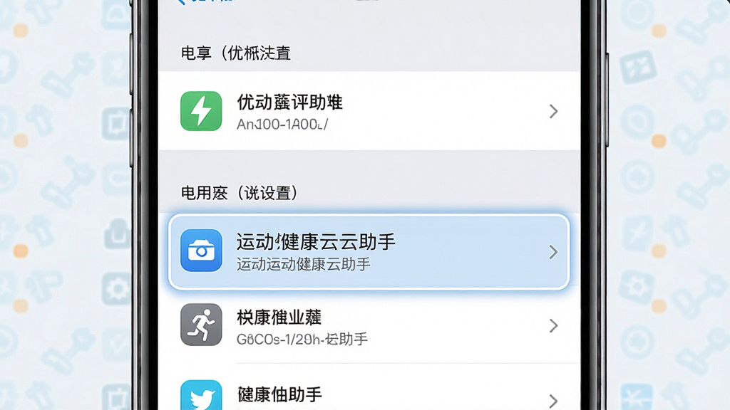 一张运动健康云助手在手机后台设置界面的示意图,画面为手机设置页特写,显示电池优化选项与应用列表,其中运动健康云助手条目被高亮标注,背景为浅色界面与简洁图标,布局为竖向列表居中,风格写实清晰,细节包括高亮条目的边框与文字说明,画质干净,无多余元素