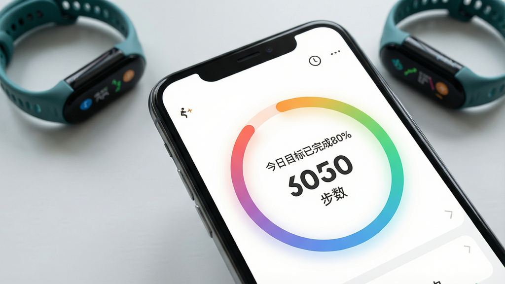 一张运动健康云助手目标进度界面的生图,画面为手机屏幕特写,屏幕内显示圆形进度环与“今日目标已完成80%”字样,环内为步数数字,背景为浅灰色桌面与运动手环,布局为居中偏右,风格清爽明快,细节包括进度环的渐变配色与文字排版的层次,画质清晰干净,无多余元素