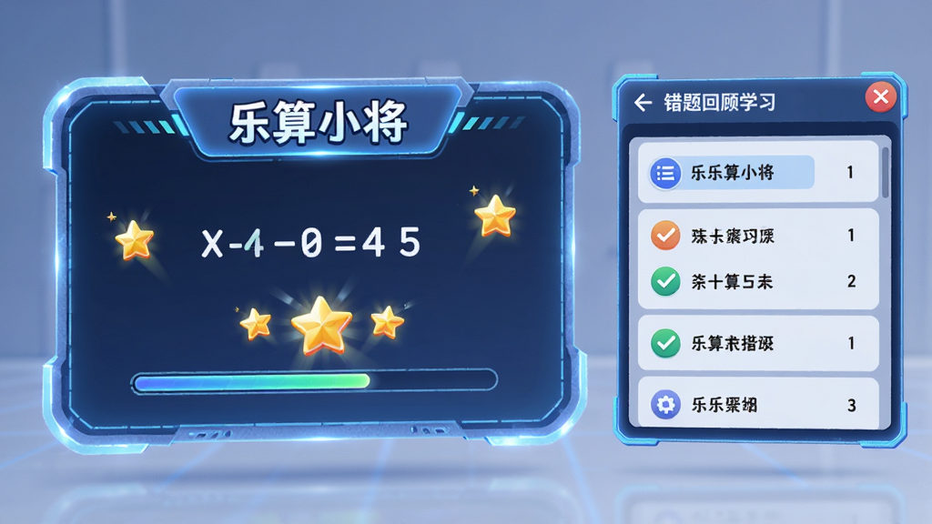 画面主体为一块悬浮的虚拟答题面板,面板上显示“乐算小将”标题、一道算术题和连击特效星星,旁边有一个错题回顾列表窗口,布局左右分栏,风格科技感学习界面,细节包括发光边框和进度条,画质清晰干净,无多余元素