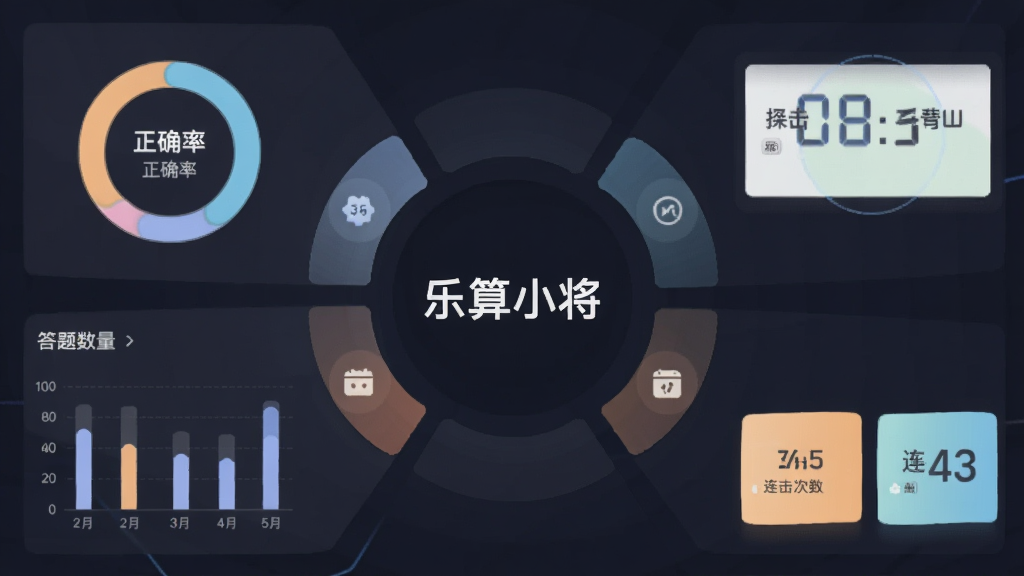 画面展示一个数据统计仪表盘,中央标题为“乐算小将”,周围环绕正确率圆环图、答题数量柱状图和连击次数数字卡片,布局环形放射状,风格简约商务信息图,细节包括柔和配色和清晰图标,画质干净无多余元素