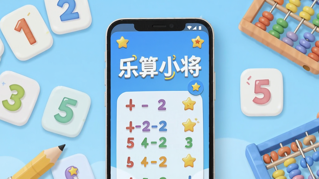 画面中央放置一部竖屏安卓手机,手机屏幕上显示“乐算小将”四个大字以及几道彩色算术题和星星奖励图标,手机周围散落着数字卡片、铅笔和算盘元素,背景为浅蓝色渐变,布局居中对称,风格清新扁平化插画,细节包括圆角图标和柔和阴影,画质清晰干净,无多余装饰元素
