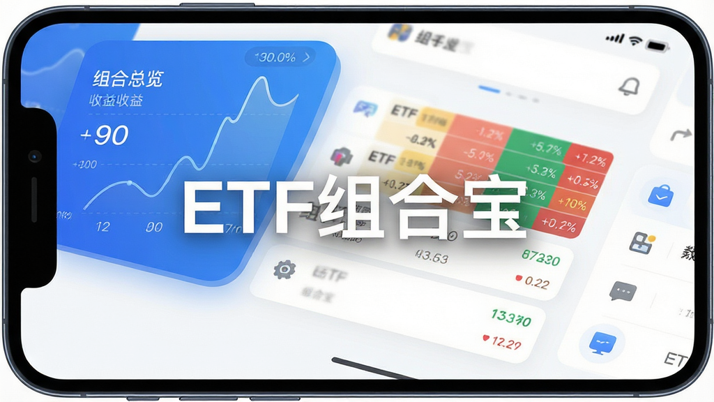 一张横版软件界面展示图,画面主体为手机屏幕中呈现的ETF组合宝应用首页,布局上方为组合总览卡片显示收益曲线,中部为ETF自选列表与涨跌色块,下方为功能入口图标,排版清晰留白充足,风格为现代金融科技风,细节包含蓝色主色调、圆角卡片、数据图表、简洁图标,画质高清干净无多余元素,画面中打文字“ETF组合宝”