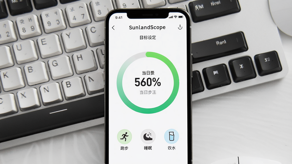 手机屏幕显示SunlandScope目标设定页面,页面中央有一个大号圆形进度条显示当日步数完成百分之八十,下方有三个小目标图标分别为跑步、睡眠和饮水,手机放在办公桌键盘旁边,布局为手机正面平放视角,风格为办公场景产品图,细节上进度条有渐变绿色填充,画质清晰,干净,无多余元素