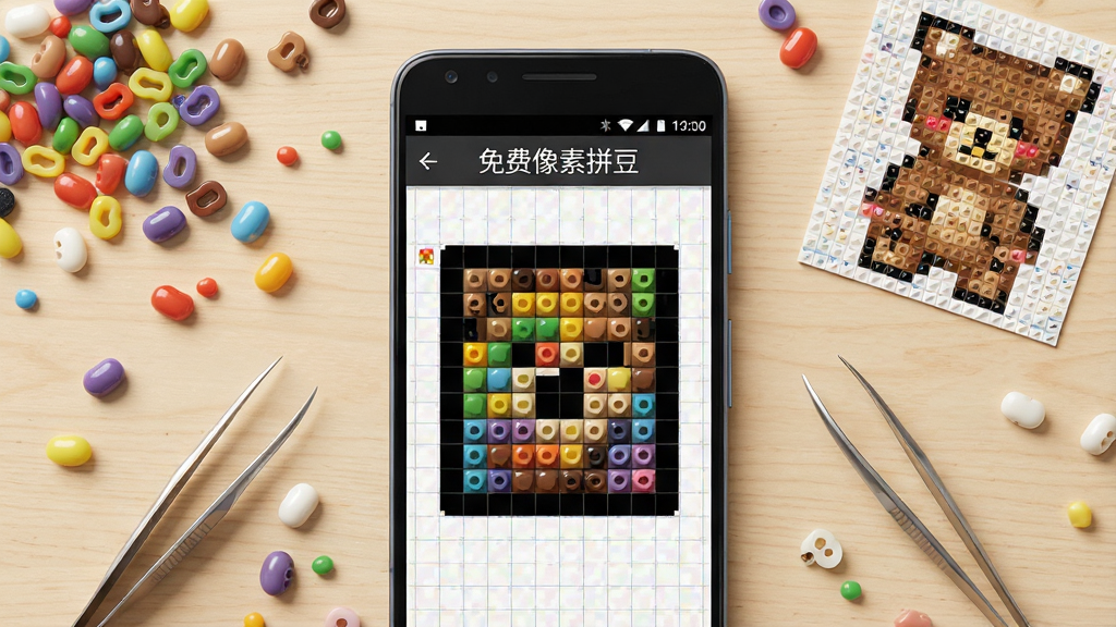 一张展示手机屏幕内像素拼豆创作界面的场景图,画面中央是安卓手机,屏幕上显示彩色像素网格与拼豆色块排列,手机周围散落着彩色拼豆颗粒、镊子和一块已完成的小熊拼豆作品,背景为浅木色桌面,布局采用俯视三分法构图,风格清新写实,细节包含豆子的光泽与网格线,画质清晰干净,无多余元素,图中手机屏幕上方以简洁字体标注“免费像素拼豆”